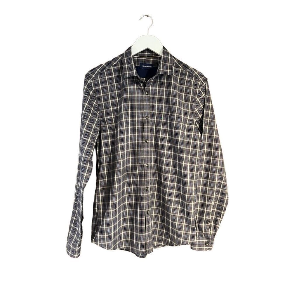 Indigo Nation brown, white and black cotton plaid button down shirt - L